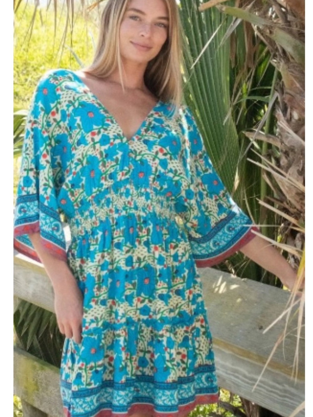 Natural Life Celia Floral Mini Dress Blue Smocked Waist V-Neck Kimono Boho M